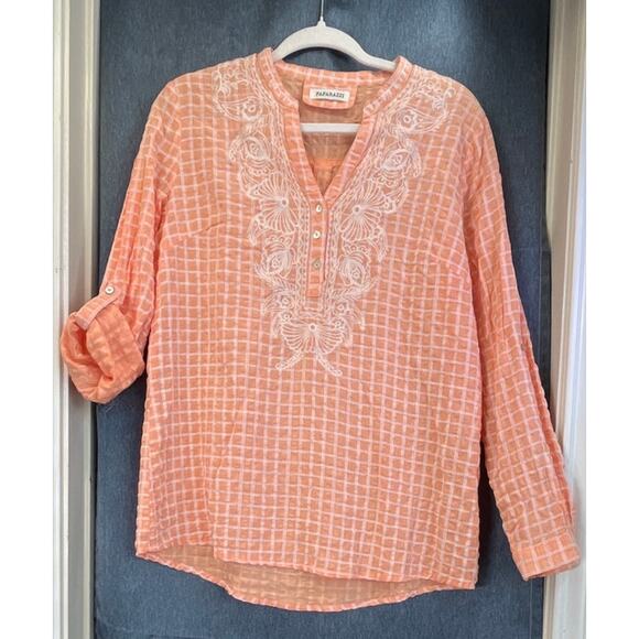 Paparzzi  Womens Light Orange V Neck Roll-Up White Embroidery Detail Cottage - Picture 1 of 6